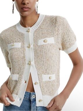 Textured Ivory and Cream Short-Sleeve Cardigan Sweater